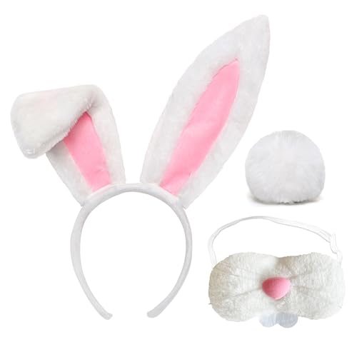 GUCILV Bunny Ears And Tail Set Bunny Ears Headband Halloween Cosplay Costume Accessories for Party (White Ears&Tail&Nose)