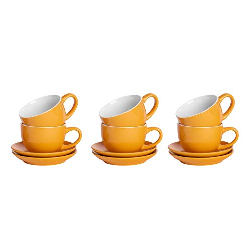 Argon Tableware Yellow Cappuccino Cups with Saucers - Set of 6-250ml Dishwasher Safe Gloss Stoneware Cappuccino Cups and Saucer Set Coffee Mugs with Handle and Grooved Plate