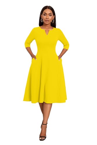 Image of Nmoder Midi Dresses for Women A-Line Fit and Flare Dress 3 /4 Sleeve V Neck Cocktail Wedding Guest Work Dress with Pockets
