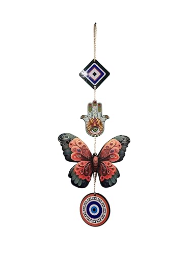 Image of Hamsa Hand Evil Eye Butterfly Wooden Wall Hanging for Home Decor | Hamsa Hand Decoration for Livingroom | Modern Artworks Items | Peace Charm Door Accent Decorative Hangings