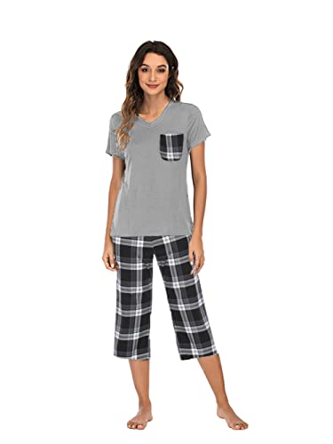 Famulily Damen Schlafanzug Kurzer Pyjama Set Sommer Nachtwäsche Stretch Dreiviertel Pyjama Damen Baumwoll Hausanzug Schlafanzüge für Damen,Dark Grau,XL Cover