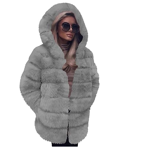 LIKEOULI Fuzzy Jackets for Women Imitation Patchwork Medium Length Hooded
