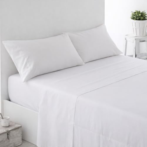 Kimbatex Textil Hogar Tienda Juego de Sábanas Blancas Hostelería, 50% Algodón 50% Poliéster, 144 Hilos, Bajera Ajustable 30 cm, 3 Piezas (Cama 150cm)