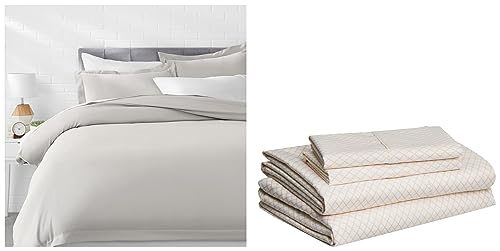 Image of AmazonBasics Sheet Set - (Includes 1 bedsheet, 1 Fitted Sheet with Elastic, 2 Pillow Covers) King, Yellow Scallop & AmazonBasics 3-Piece Duvet Cover Set - Queen, Light Grey - with 2 Pillow Covers