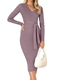 ZESICA Women's 2024 Fall Sweater Dress V Neck Long Sleeve Ribbed Knit Tie Waist Slim Fit Bodycon Midi Dresses,DarkViolet,Medium