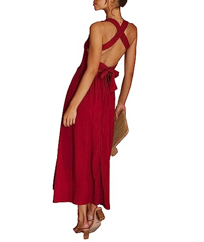 Image of Sexyshine Women's Square Neck Halter Lace Up Criss Cross Maxi Dress Tie Back Sleeveless Smocked Ruched A Line Dress