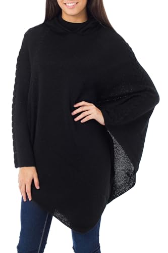 NOVICA Black Peruvian Alpaca Wool Blend Hooded Poncho, Eternal Magic'