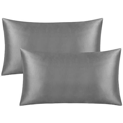 FLXXIE 2 Pack Zippered Satin Standard Pillowcases, Grey