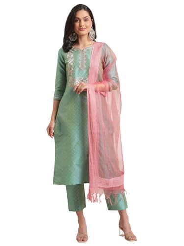 Floral Embroidered Kurta Set with Bhagalpuri Silk Dupatta, Sweetheart Neckline, 3/4 Sleeves, Tassels