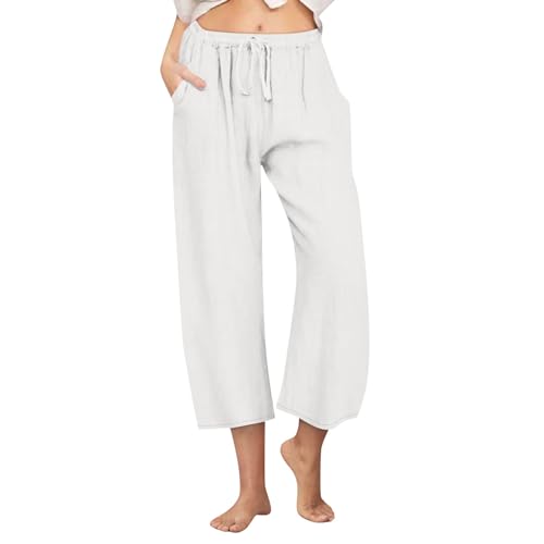 Wide Leg Linen Pants Women Lightweight Comfy High Waisted Baggy Lounge Pants Cropped Casual Summer Flowy Ankle Capris