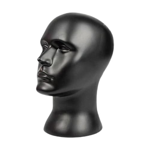 Présentoir à perruques et chapeaux avec tête de mannequin homme en magasin