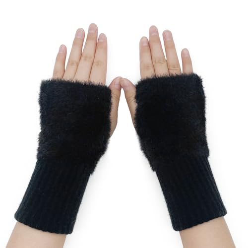 AffeGifts Women Fingerless Gloves, Cute Plush Wrist Warmers Arm Warmer Winter Fingerless Gloves for Women Girls Working Studying Writing Typing Driving Indoor & Outdoor (Black)