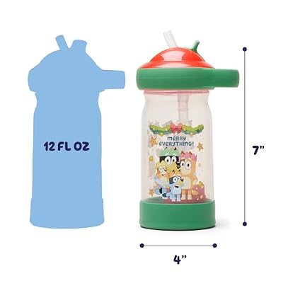 The First Years Sip & See Holiday Bluey Toddler Water Bottle - Includes Floating Charm - Spill Proof Toddler Cup with Straw - Dishwasher Safe with Flip Top Straw Cover - 13 Oz