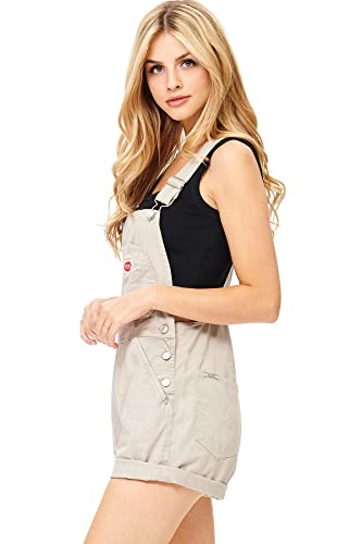 Revolt by Palomares Women's Juniors Vintage Twill/Denim Short Overalls (Real Khaki, Large)
