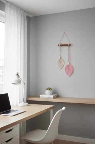 Image of AdFashionble Boho Macrame Wall Hanging Leaf Decor for Home, Living Room & Bedroom | Cotton Thread Art with Wooden Rod | Minimalist Handmade Wall Decoration | Aesthetic Nordic Wall Art for Home, Office & Gift Purpose Lenght- 58 cm Width- 15 cm (PASTEL PINK & OFFWHITE)