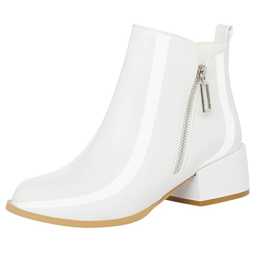 Parisuit Womens Patent Leather Booties Chunky Block Mid Heel Ankle Boots with Side Zipper Round Toe Dress Short Boots