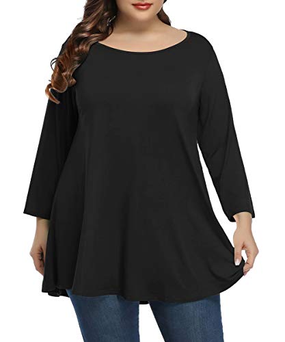 BELAROI Women Plus Size 3/4 Sleeve Comfy Tunic Tops Loose T-Shirt(5X,Black)