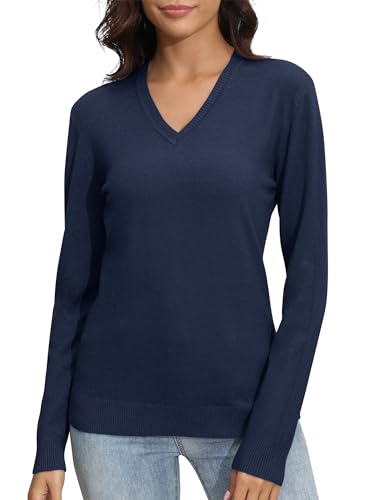 Image of EXCHIC Women's Long Sleeve V-Neck Casual Sweaters Fall Classic Soft Knit Top 2026 Fit Basic Pullover Tops