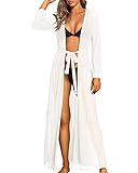 Pinup Fashion Sheer Robe Kimonos Women Summer White Cover Up Swimwear Long Mesh Sheer Bikini Coverups Tie Front Bathing Suit Beachwear