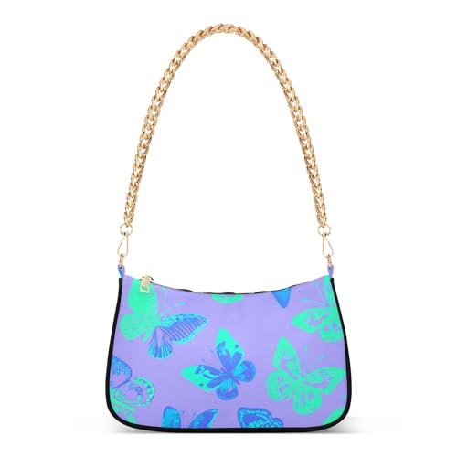 Blue Turquoise Butterflies Purple Aesthetic Shoulder Bag for Women Classic Purse Hobo Totes Colorful Tote Handbags Zipper Closure