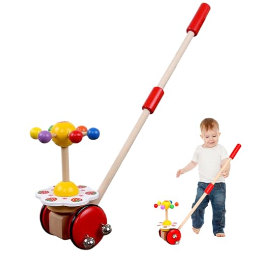 Baby Push Walker con ruedas, lindo caminante de empuje de patrón de fresa para bebés con sonido de campana, caminante de bebé de madera extraíble para niño y niña 36 meses+
