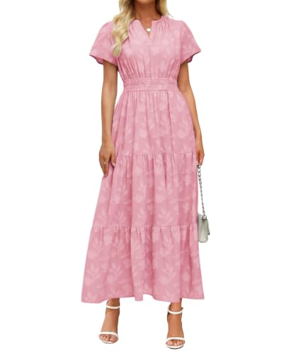 Image of Women's Maxi Dresses Boho Burnout V Neck Short Puff Sleeve Smocked Empire Waist Long Wedding Guest Semi Formal Dress Pockets