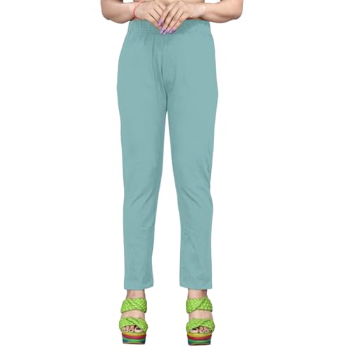 Image of Women's Solid Cotton Lycra Pants - High Waist Slim Fit Stretchable Leggings - Comfortable Long Trousers for Casual, Office & Everyday Wear