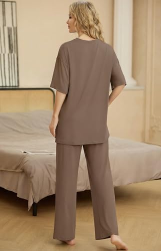 Image of PrinStory Womens Pajamas Sets 2 Piece Lounge Set Short Sleeve Tops and Long Pants Soft Pjs Loungewear with Pockets