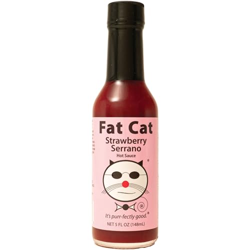 Strawberry Serrano Natural Hot Sauce by Fat Cat Gourmet | Sweet & Spicy Flavor | For Chicken, Seafood, Pork, Ham & More | Mild Heat & Food Friendly | Gluten Free, Vegan & Keto Friendly | 1 Bottle