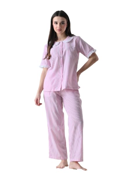 Striped Ruffle Collar Pure Cotton Night Suit-image-10