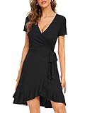 MSBASIC Black Wrap Dress V Neck Solid Casual Summer Short Sleeve Dress for Women (Black,L)