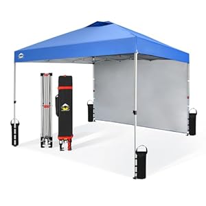 CROWN SHADES 10×10 Pop Up Canopy with 1 Side Wall – Beach Tent with One Push Setup – Outdoor Sun Shade for Events, Parties, Camping – Gazebo with STO-N-Go Cover Bag (Blue)