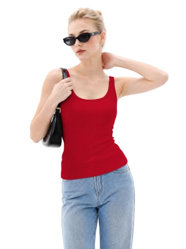 Womens Ribbed Tank Top Built in Bra Sleeveless Scoop Neck Cami Tops Basic Crop Going Out Slim Fitted Y2k Cami Shirt Clothes (Red,XS) — view 5