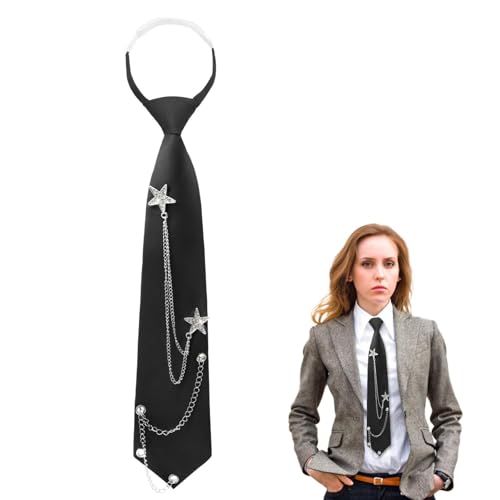 Luckyvestir Black Tie for Women Girls, Punk Womens Tie with Chain Accessories, Pre-Tied Adjustable Necktie for School Shirt (Star: Black)