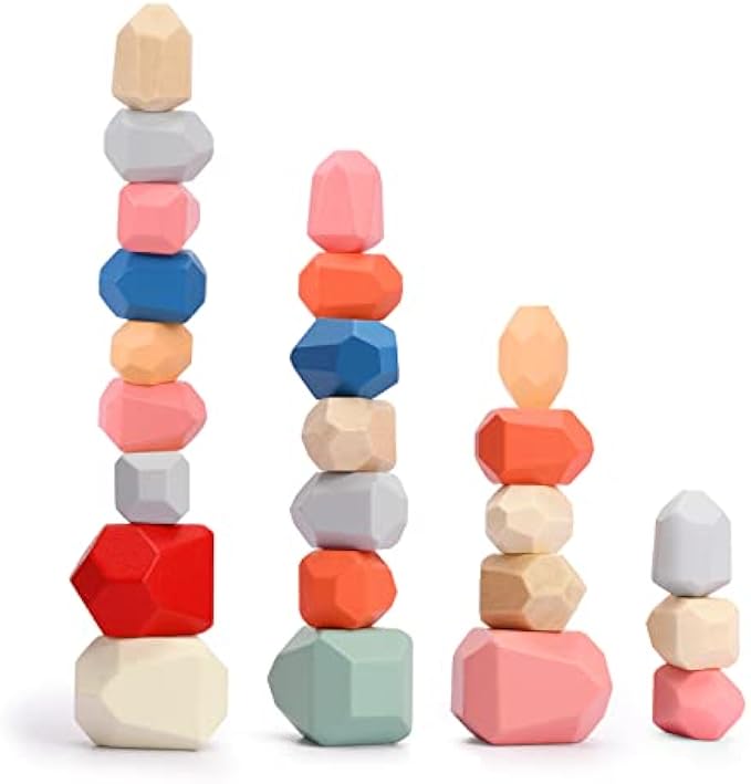 Oucles 36PCS Natural Wooden Stacking Balancing Stones Rocks for Toddlers Colorful Kids Preschool Learning Building Blocks Toys Educational Puzzle Game for Girls Boys 3 Years Up
