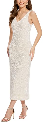 OVRUNS Women Sequin Dress Sleeveless V Neck A Line V Back with Liner Sparkly Evening Party Glitter Cocktail Formal Midi Dress