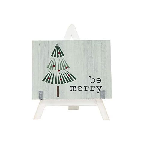 Holiday Tree Wood Freestanding Sign with Wooden A-Framed Easel, Farmhouse Christmas Tabletop Decor, White (Be Merry) Cover