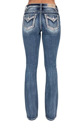 Miss Me Women's Mid-Rise Colorful Border Embellished Faux Flap Pockets Bootcut Jeans