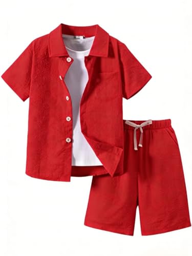 Ayzozuy Boys Summer 2-Piece Outfit Size 6-13 Short-Sleeve Textured Button-Down Shirt & Solid Elastic-Waist Shorts Set size 10 11