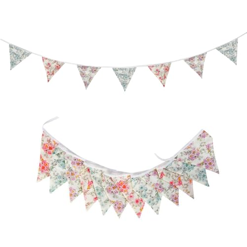 Image of Zwiebeco 32Ft Vintage Flowers Fabric Pennant Banner Triangle Flags Cotton Retro Floral Bunting Party Decorations for Birthday Engagement Wedding Baby Shower Spring Rustic Village Home Garden Decor