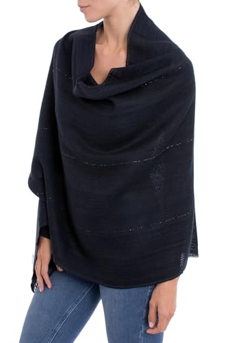 NOVICA Artisan Handmade 100% Alpaca Shawl Midnight Blue Woven Fringed from Peru Wool Accessories Shawls Solid ' Deep Sky'2