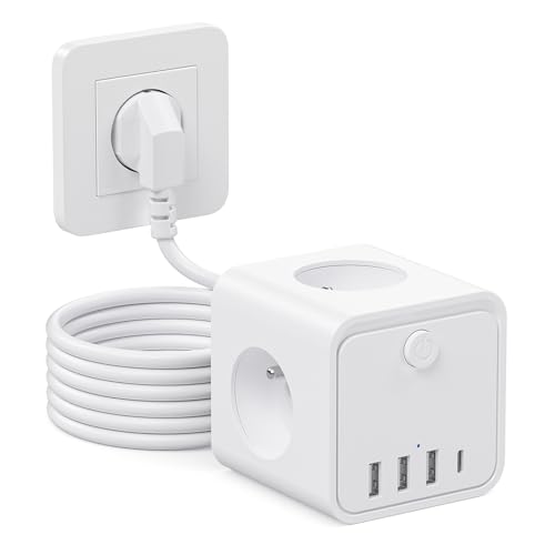 Steckdosenleiste, 7 in 1 Steckdosen mit USB, 3 Steckdosen, mit Schalter, 2 m, Steckdosenleiste mit USB, ideal für Wohnzimmer, Büro, Schlafzimmer 1