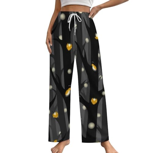 Unisex Pajama Pants, Forest Fire Fly Pattern Cute Drawstring Waist Loose Fit PJ Sleepwear with Pockets for Coulpe