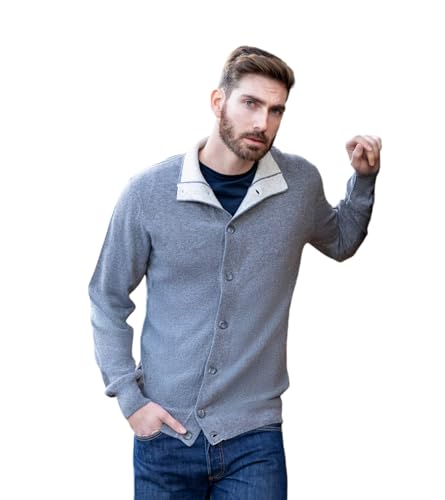 Chaqueta de punto de hombre azul que abriga sin pesar gracias a la seda