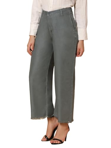 Image of TWGE Women's High Waist Wide Leg Jeans - Single Button, Stretchable Denim Pants - Ankle Length - Stylish Casual Wear