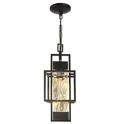 PARTPHONER 15" Dusk to Dawn Outdoor Pendant Light Exterior Hanging Lantern, Modern Black Metal Outside Chandelier Light Fixture Ceiling Mount with Water Glass for Front Porch Entrance Foyer Entryway