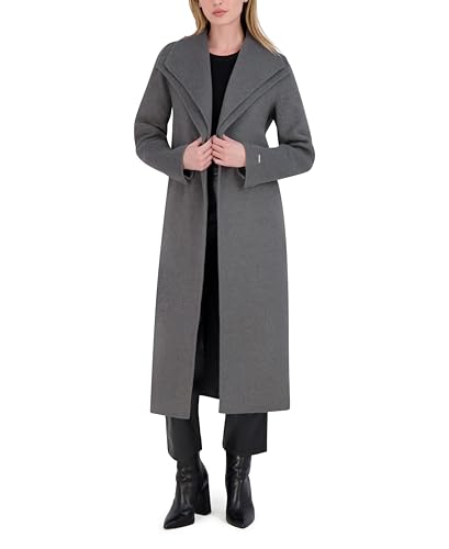 Image of TAHARI Women's Slim Fit Double-faced Soft Wool Blend Wrap Coat With Tie Belt - Long Wool Coat
