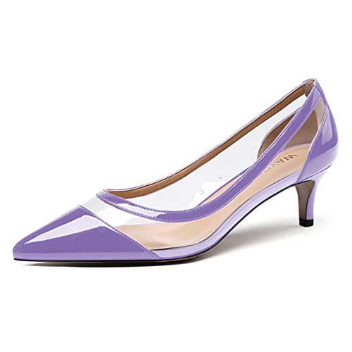 WAYDERNS Women's Slip On Pointed Toe Patent Transparent Clear PVC Solid Kitten Low Heel Pumps Shoes 2 Inch