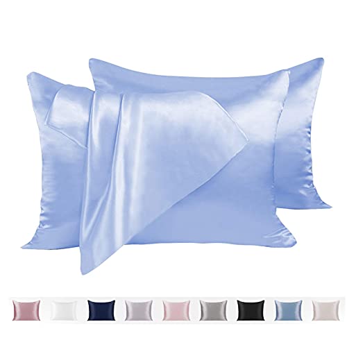 Adubor Silky Pillowcases with Hidden Zipper, Satin Pillow Cases Covers Soft for Hair and Skin, Cool Sleeping(Light Blue, 20 x 26 inches 2 Pack)