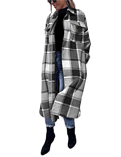 Omoone Women's Button Up Woolen Long Plaid Trench Coat Brushed Check Shirt Jacket(1765-Grey-Xs) #TOP12